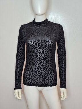NWT MNG Black Leopard-Print Velvet Mock Neck Top Women Size M Long Sleeve Sheer